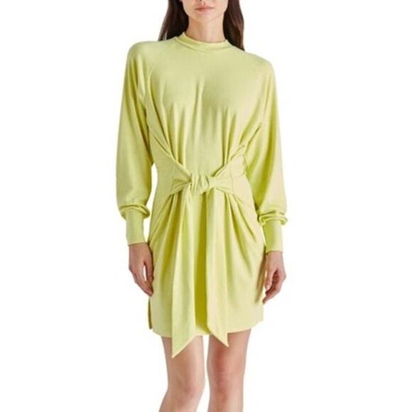 Steve Madden Dress Long Sleeve Tie Waist Ribbed Sweater Sunny Lime Yellow NWT L - Picture 1 of 7